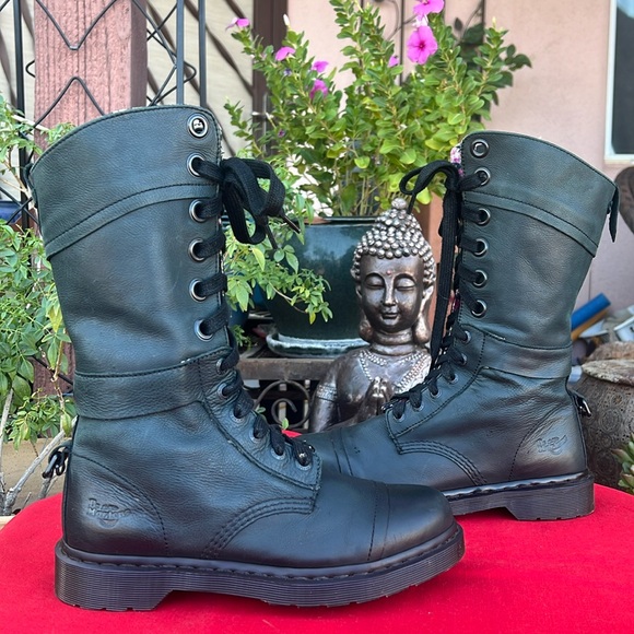 Dr. Martens Triumph Floral Tall 12 Eye Lace Up Mirage Black / Dark Green Boots - Picture 7 of 16